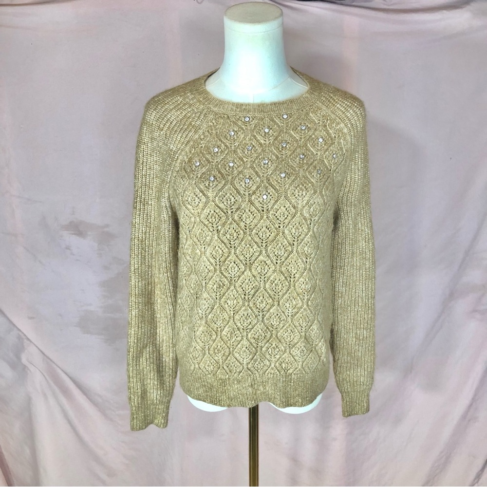 LOFT Cream Diamond Knit Crewneck Sweater with Rhinestone Details Size Small